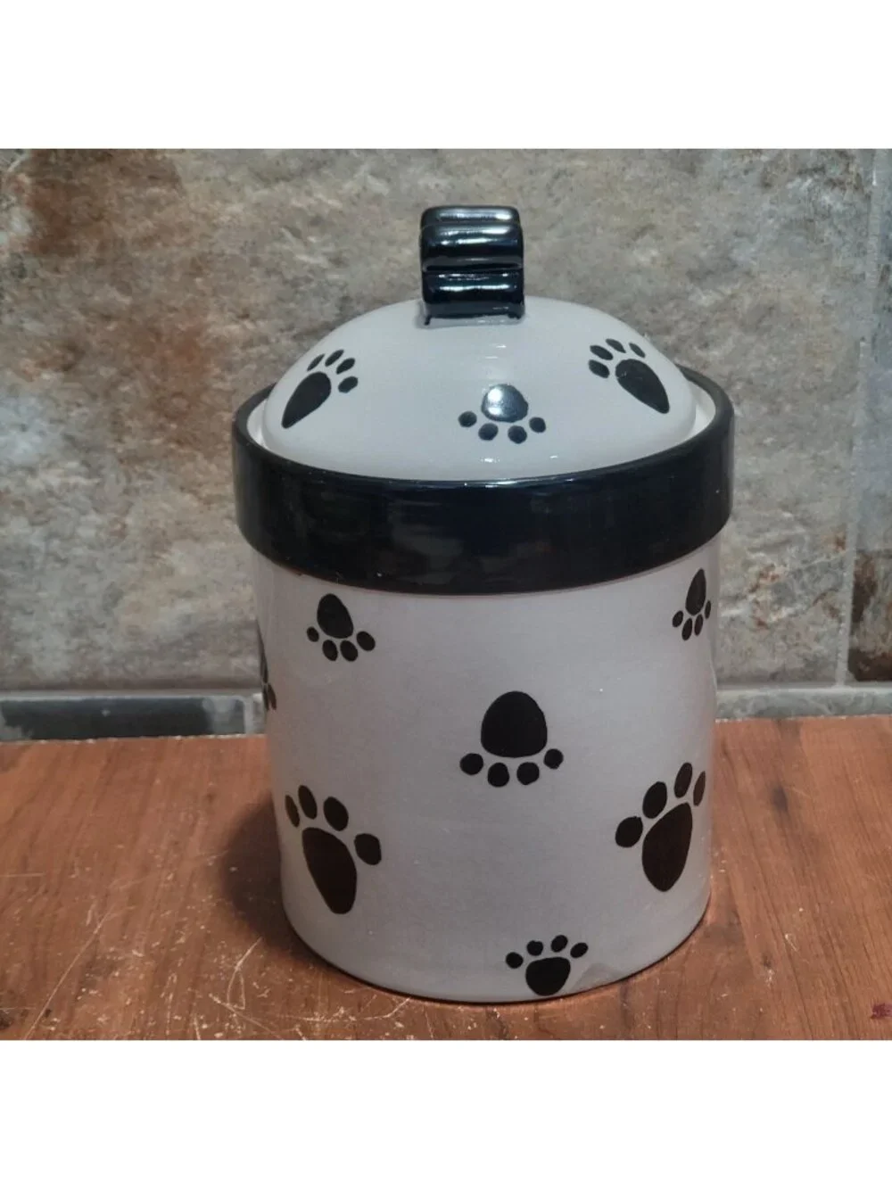 Castlemere Creations Ceramic Pet Treat Jar White Base Black Paw Print Lid Black